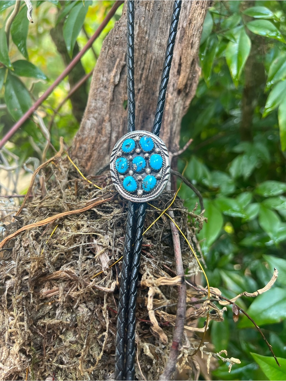 Vtg Navajo Rocking Horse Ranch Sterling Pyrite Turquoise Cluster Bolo Tie